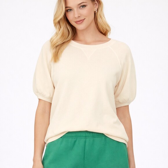 The Great Puff Sleeve Sweatshirt size 2 Medium cream washed white short sleeves